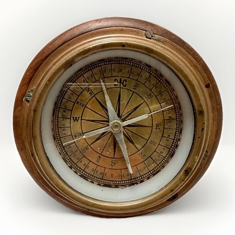 Antique Nautical Compass Wood Copper Coastal Nautical Ship Maritime Desk Staging